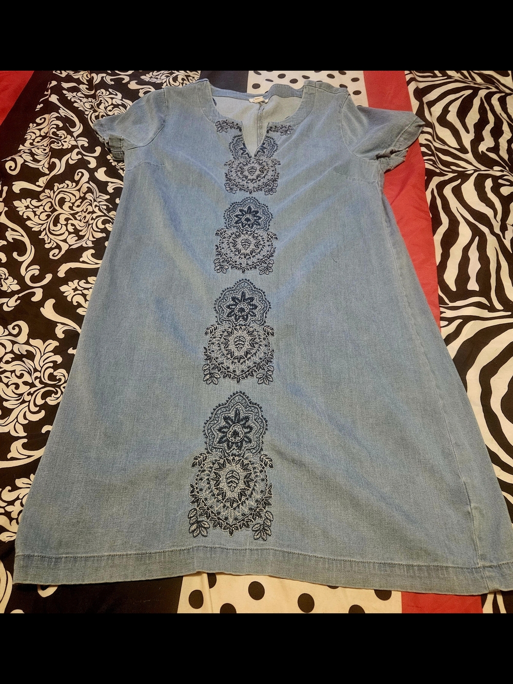 Light Blue Embroidered Denim Shift Dress